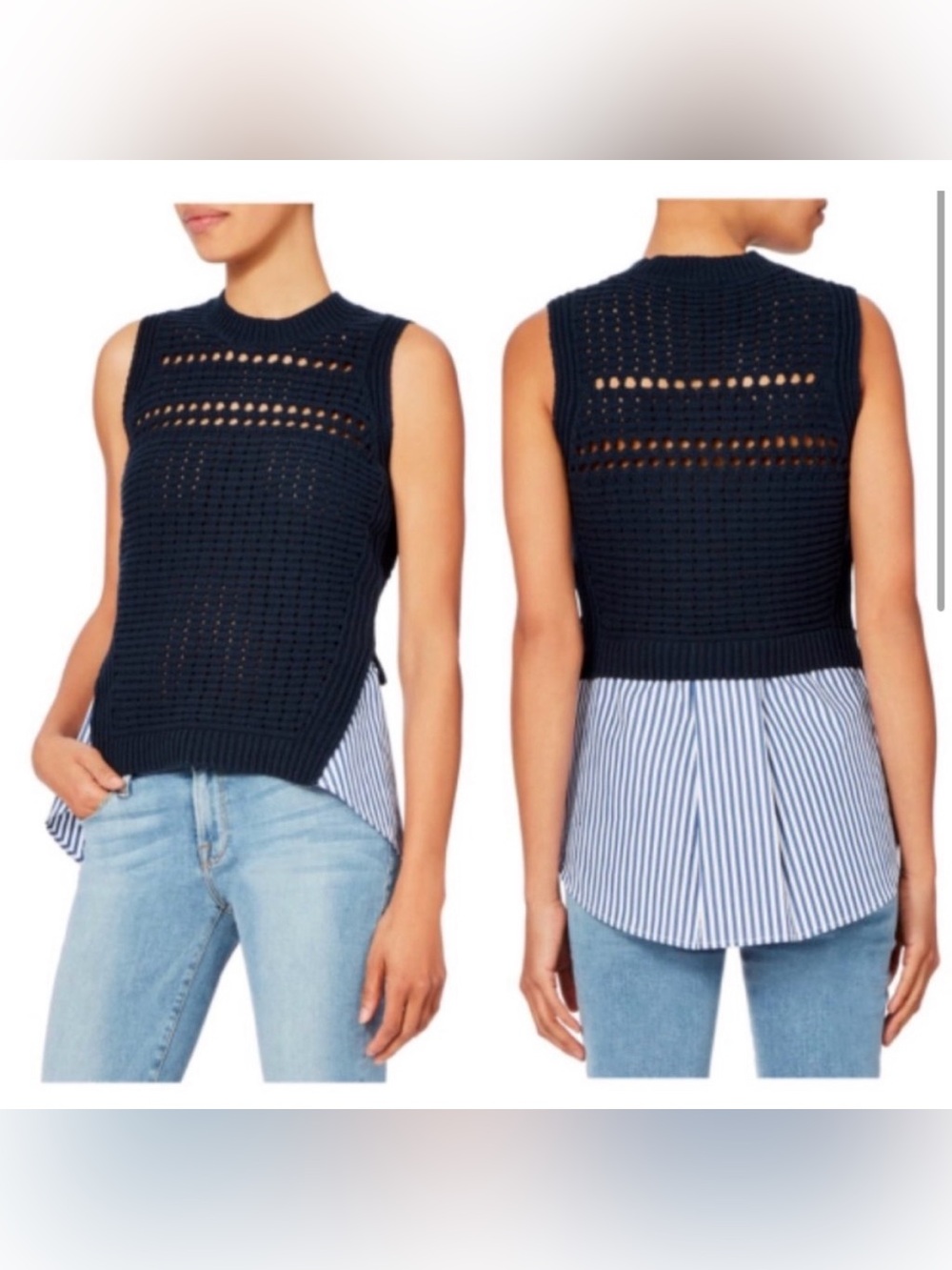 VERONICA BEARD Navy Knit Crochet Shell with Striped Shirttail Hem $320